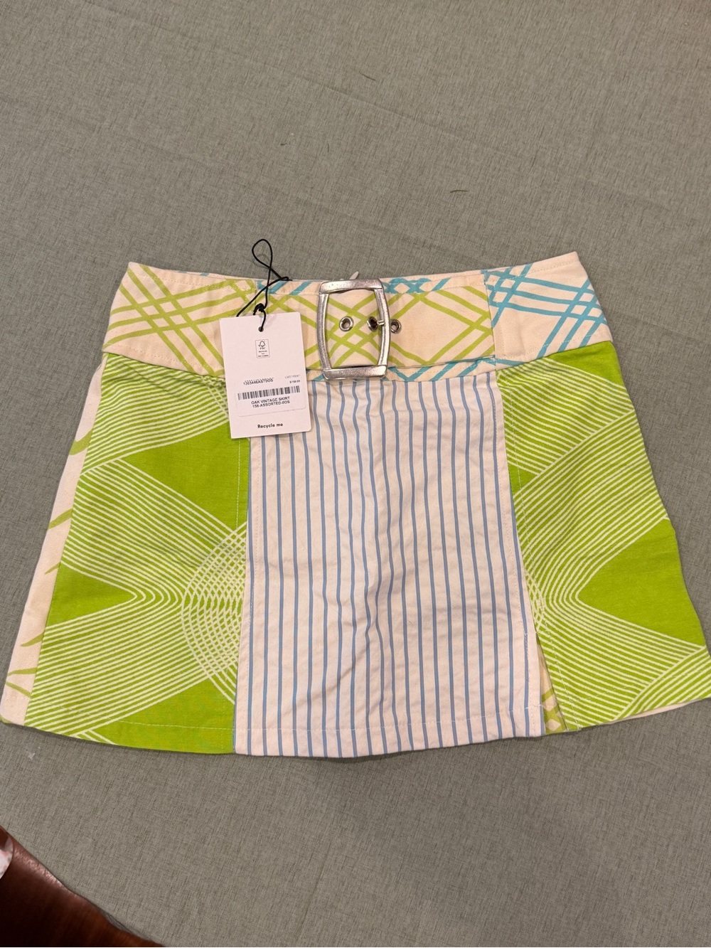 Reformation Green, Blue, Cream Patterned Mini Skirt with Silver Belt—NEW